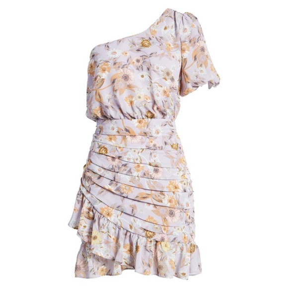 ASTR One Sleeve Tulip Floral Print Mini Dress Ruched Ruffle Periwinkle - Picture 6 of 11